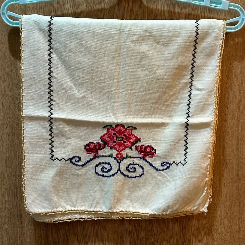 2 Vintage Hand Embroidered Table Runner Floral Design Crochet Edges MCM 13”x27”